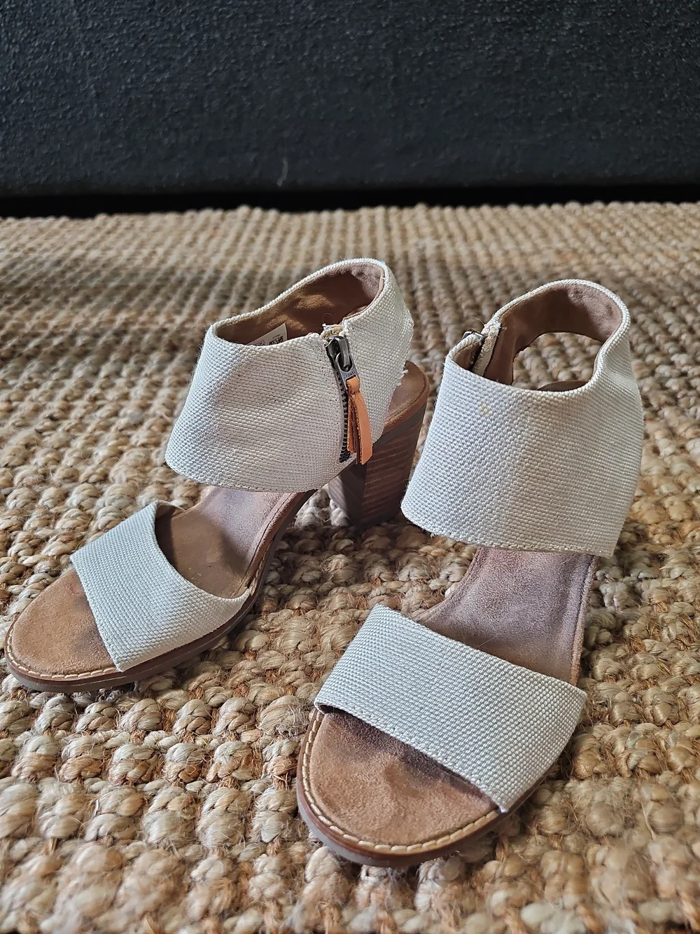 Toms Cream Fabric Block Heel Sandals with Wood-Tone Heel